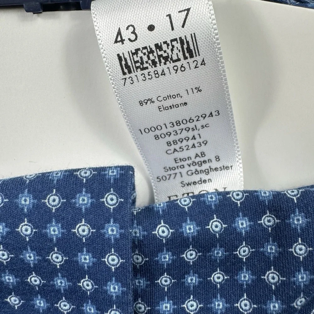 ETON Blue Gray Geometric Current Cotton Stretch L/S Slim Button‎ Front 17/43 NWT